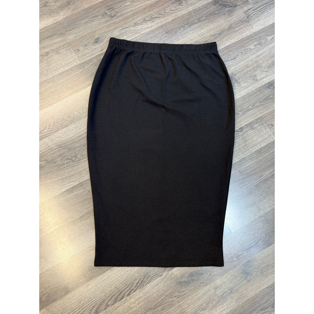 Black Midi Pencil Skirt Elastic Waist Bodycon Stretchy Workwear Casual